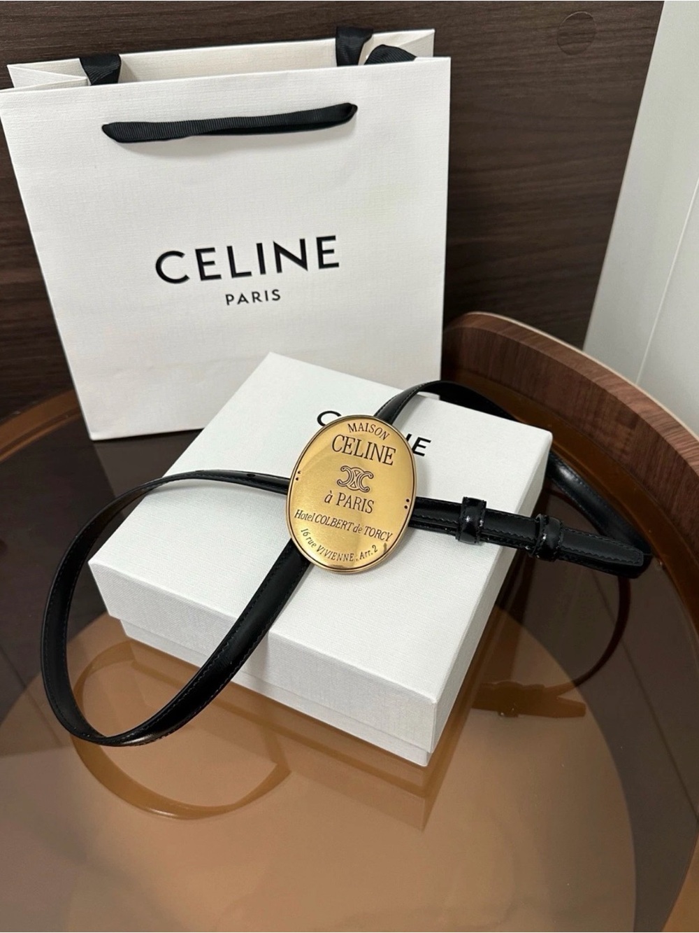 Celine Black Leather Belt with Gold Maison Medallion - Picture 3 of 6
